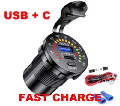 Marine 12V/24V 10A QC 3.0 ''C'' + USB Quick Charger LED Voltmeter