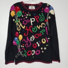 Vintage Happy New Year 2000 Millennium Winter Black Sweater Women  s SZ M