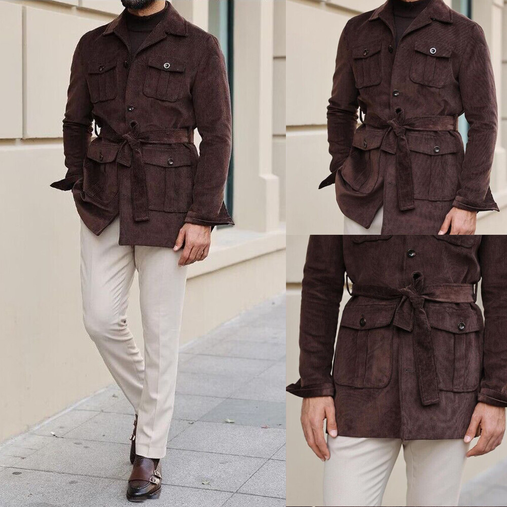 Vintage Brown Men's Safari Jacket with Belt Corduroy Outdoor