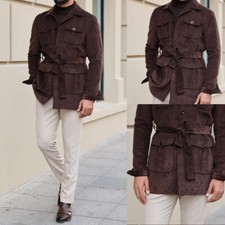 Vintage Brown Men's Safari Jacket with Belt Corduroy Outdoor Casual Hunting Coat