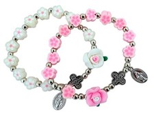 Girls First Communion Pink and White Acrylic Flower Bead Rosary Bracelet, 2 Pack