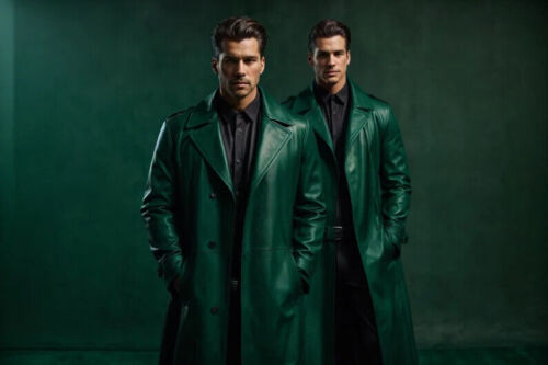 Soft Stylish Trench Coat Men Leather Green Lambskin Festive Wear Slim Fit Coat - Picture 1 of 8