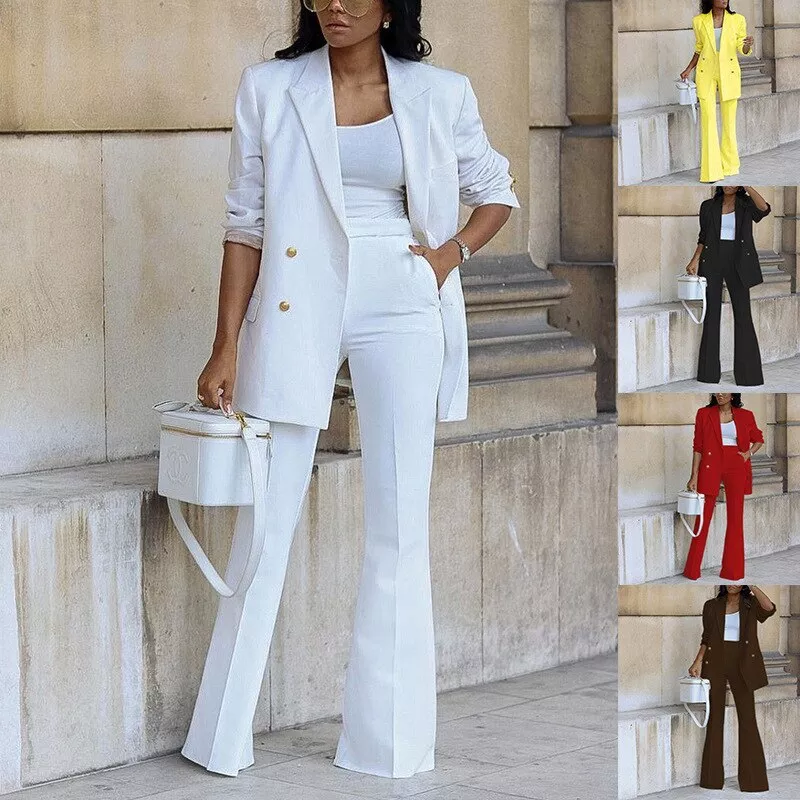 Women Casual Fashion 2 Piece Set Blazer Flare Pants Ladies Business Office  Wear