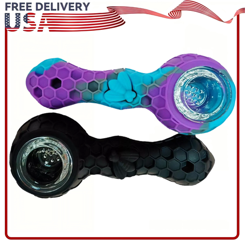 2-Pack Black Smoking Silicone Pipes 4.3" W/ Honeycomb Glass