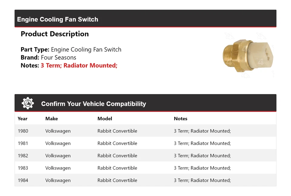 Interruptor ventilador refrigeración motor convertible Volkswagen Rabbit 1980-1984 4 estaciones Foto 2 de 4