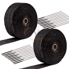 2pk 2" 50Ft Black Fiberglass Exhaust Header Pipe Heat Wrap Tape with 20 Ties Kit