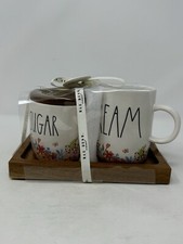 NWT Rae Dunn Sugar Cream Floral Blooms Ceramic Lid  Wood Serving Tray 4PC HTF