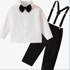 Toddler Boys Formal Suit, Long Sleeve Dress Shirt Bowtie Suspender Pants 4T-5T