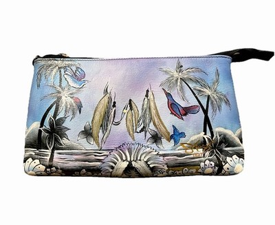 Anuschka Hand Painted Palm Trees And Hummingbirds Cosmetic Pouch Case 10X6.5