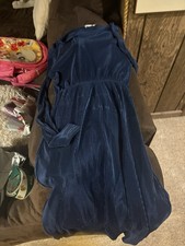 Blue Corduroy Pleated Crew Neck Long Bell Sleeve Pullover Pocket Midi Dress S