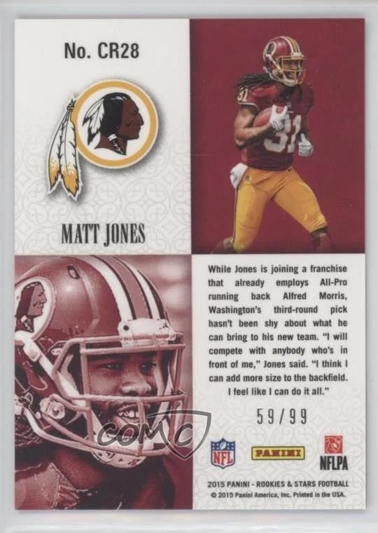 2015 Panini Rookies & Stars Crusade Rookies Red /99 Matt Jones #CR28 RC - Image 2 of 2