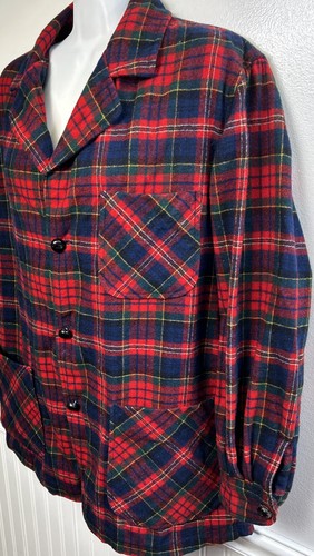 Vintage Pendleton S Red Blue Plaid 49er Wool Shirt Jacket Blazer 3 Pocket USA - Picture 2 of 7