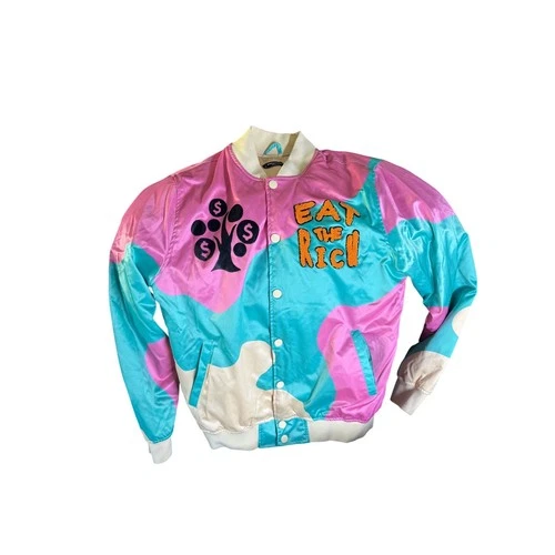 Roku Studio Eat The Rich Satin Varsity Jacket Pink Teal Colorblock Mens Medium - product listing photo
