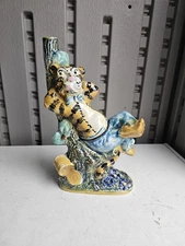 1960s Morand Bros Happy Tummy Tiger Majolica Anthropomorphic Bud Vase Italy