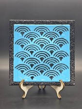 Signed A. Lublin Art Glass Tray Plate Dish Blue On Black With Fans Or Scales
