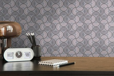 Grafische Tapete mit Punkt- & Halbkreismuster   Taupe, Grau, Creme