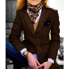 Herringbone Vintage Women Suit Notch Lapel Flap Pocket Office Business Work Prom