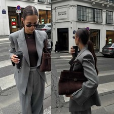 Women Gray Striped Suit Double Breasted Jacket Peak Lapel Business Casual