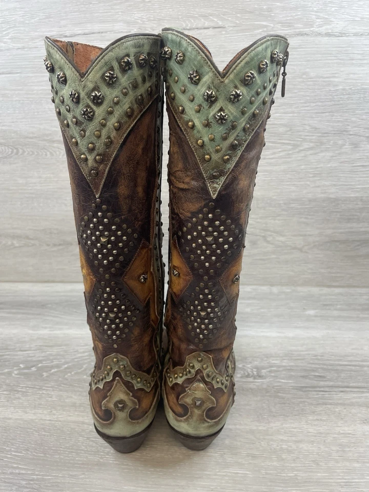 Botas vaqueras occidentales Dan Post Natasha 3687 marrón oliva cuero tachonado 9,5 recortes Foto 4 de 4