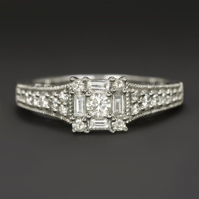 NATURAL DIAMOND RING PRINCESS CUT ILLUSION CLUSTER 14k WHITE GOLD ENGAGEMENT