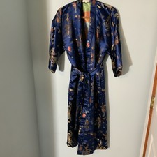 Jin Hon Oriental Blue Rayon Satin Jacquard Chinese Belted Robe Kimono Dragons SM