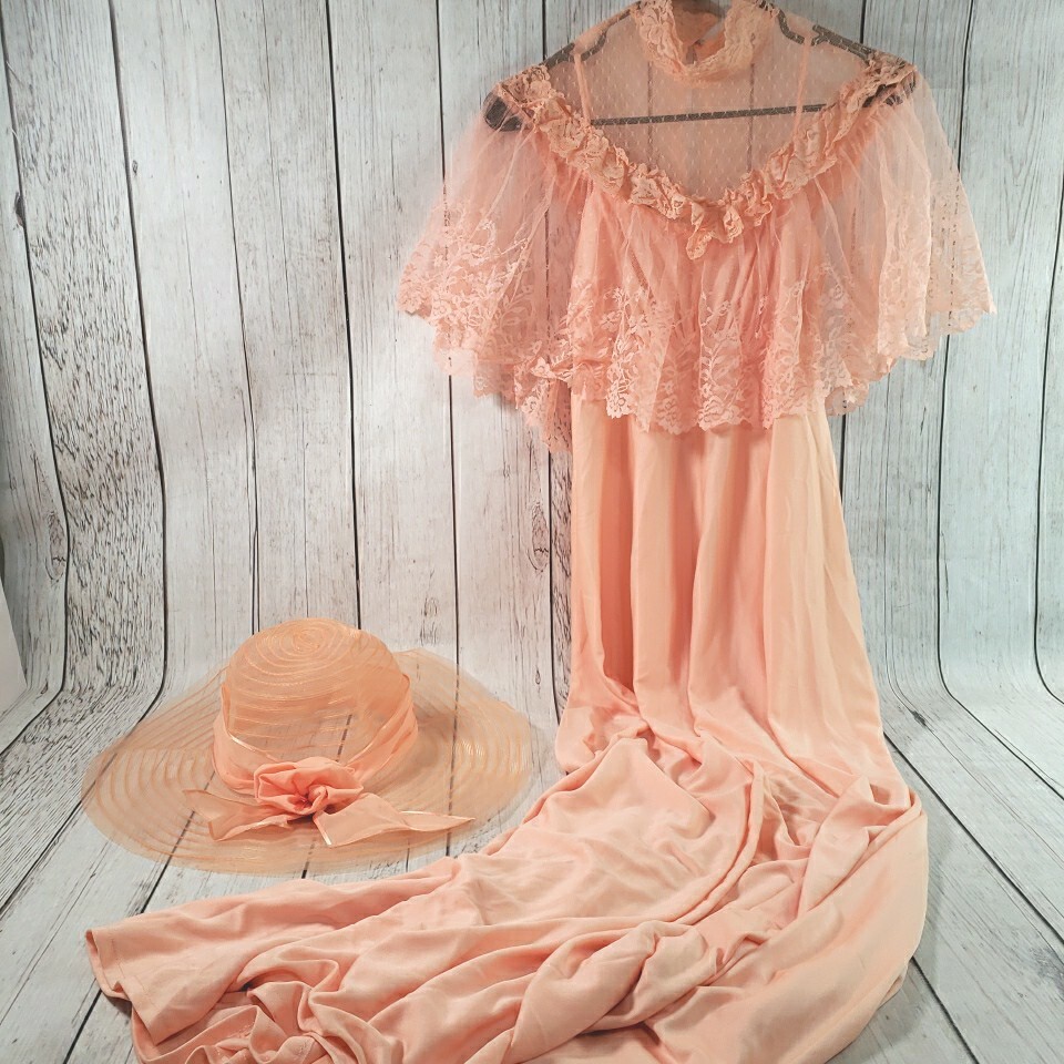 【70-80s USAヴィンテージ】ILGWUタグ ウェディングドレス 長袖 VINTAGE Union Made ILGWU 70s Long Dress Sz 7-8 Spaghetti Strap