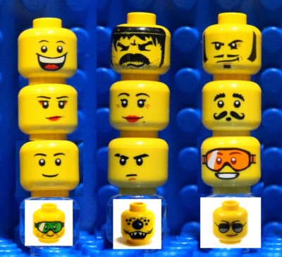 YELLOW LEGO HEADS!  Man Woman Boy Girl Smiling Smirk Grin Scowl Moustache   NEW