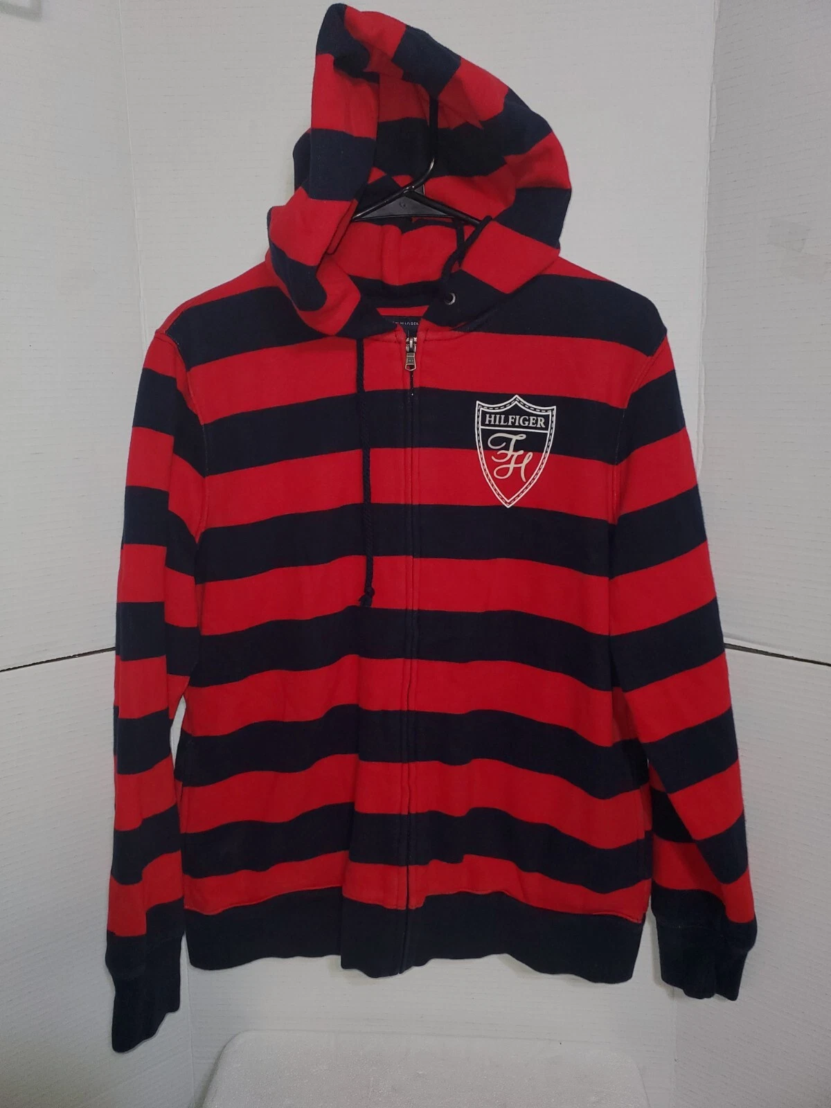 Vintage Tommy Hilfiger 2012 Striped Zip Up Hoodie Blue, & Red Size Youth XL