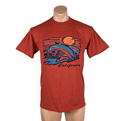VTG 1985 Sunset Dolphin California Red T-shirt Souvenir Vacation T-Shirt NEON M