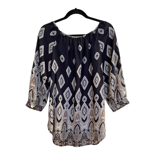 Fig & Flower Anthropologie Sheer Peasant Tunic Top SZ Large Black Tan Floral - Picture 3 of 6