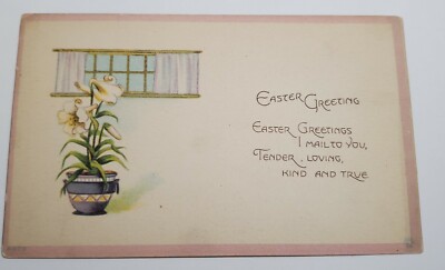 Vtg 1900s Happy Easter Greetings Postcard Poem Chicks Egg Lilly's Bunny Rabbit 
