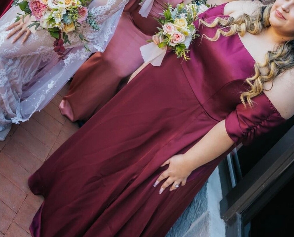 plus size bridesmaid formal dress with sleeves wine