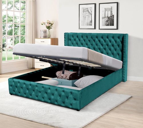 Winged Plush Velvet Fabric Ottoman Gas Lift Up Storage Bed Frame with Headboard - Picture 12 of 12