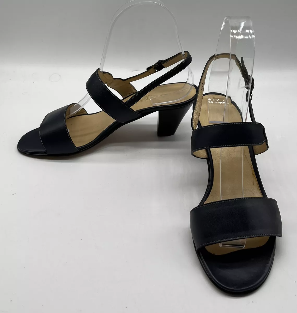 Gucci VINTAGE Navy Leather Double Strap Open Toe Block Heel Sandal