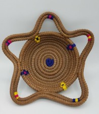 Vintage Hand Made Multicolor Cotton Pine Needle Woven Basket Coil 10 1/2"