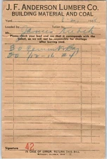 1938 J.F. Anderson Lumber Co Building Material Coal Receipt Ticket Vtg Paper