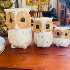 Sculture Gufi Set 3 Soprammobili Civetta Etnica