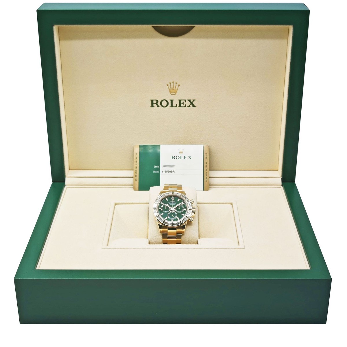 ひで Rolex Daytona 116568BR Green Dial 18K Yellow Gold Baguette Diamond
