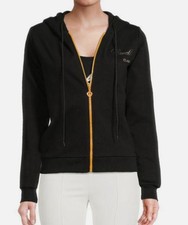 Cavalli Class Women's Black Zip-Front Logo Cotton-Blend Hoodie Sweater Size L