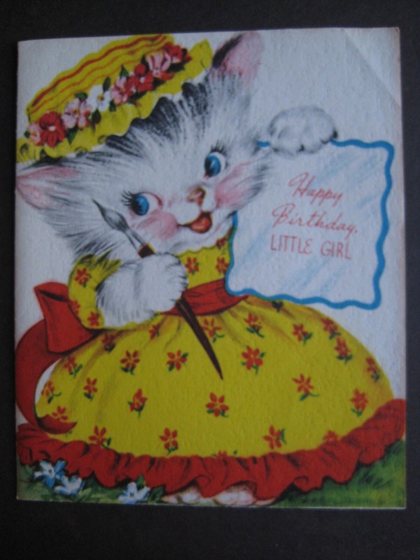 1940s vintage greeting card American Greetings BIRTHDAY Cat w Flowered Dress&Hat