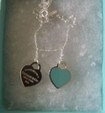 Tiffany & Co. 925 Silver Blue Enamel Mini Double Hearts Necklace - 16” Long