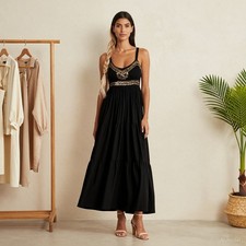 Evening Boho Maxi Dress Black Gold Cotton Tiered Sleeveless Sequins US 2