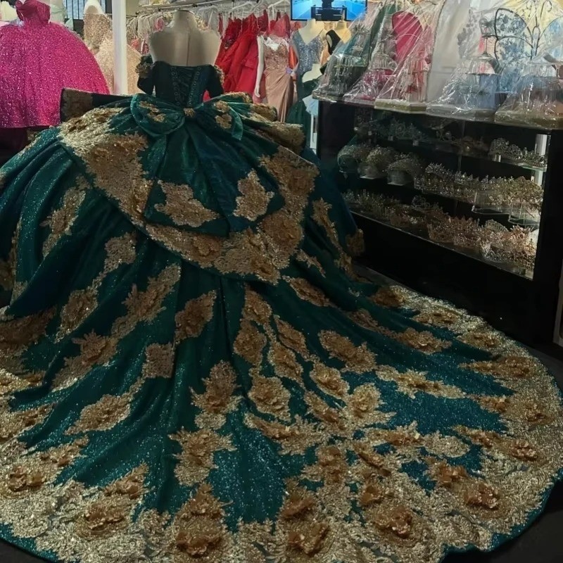 Dark Green Quinceanera Dress Ball Gown Gold Floral Applique Beading Sweet 16 | eBay Dark Green Quinceanera Dress Ball Gown Gold Floral Applique Beading Sweet 16 | eBay