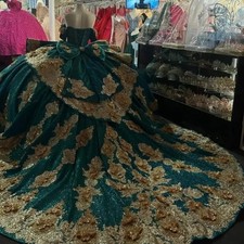 Dark Green Quinceanera Dress Ball Gown Gold Floral Applique Beading Sweet 16