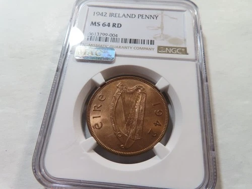 G11 Ireland 1942 Penny NGC MS-64 FULL RED w/ MAC Sticker; Pop:1/2