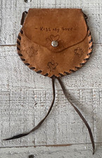 Vintage Brown Leather Boho Snap-Closure Coin Purse Pouch "Kiss My Love"