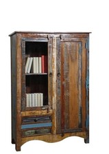 shabby chic Highboard recyceltes Altholz massiv Vitrine 2 Schubladen mehrfarbig