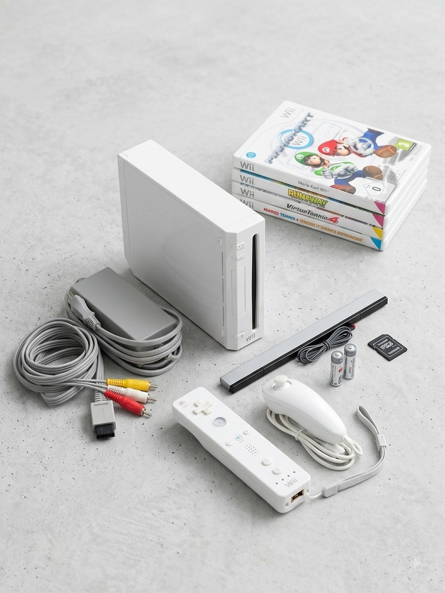 Console Nintendo Wii Bianca + Lotto 4 Giochi (Mario Kart) + Cavi e Controller