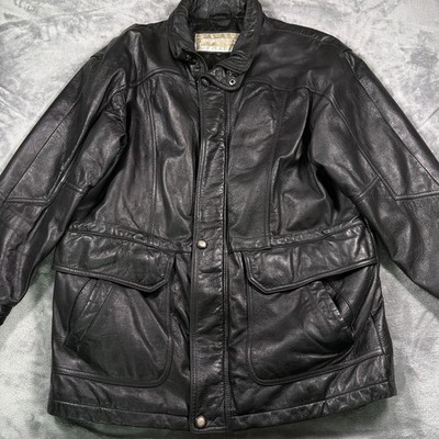 Perry Ellis Moto Jacket Mens Large Black Leather Utility Pockets Outdoor Winter