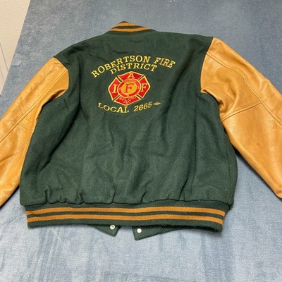 Vintage Robertson Fire Protection District Varsity Jacket Mens XL Green Leather